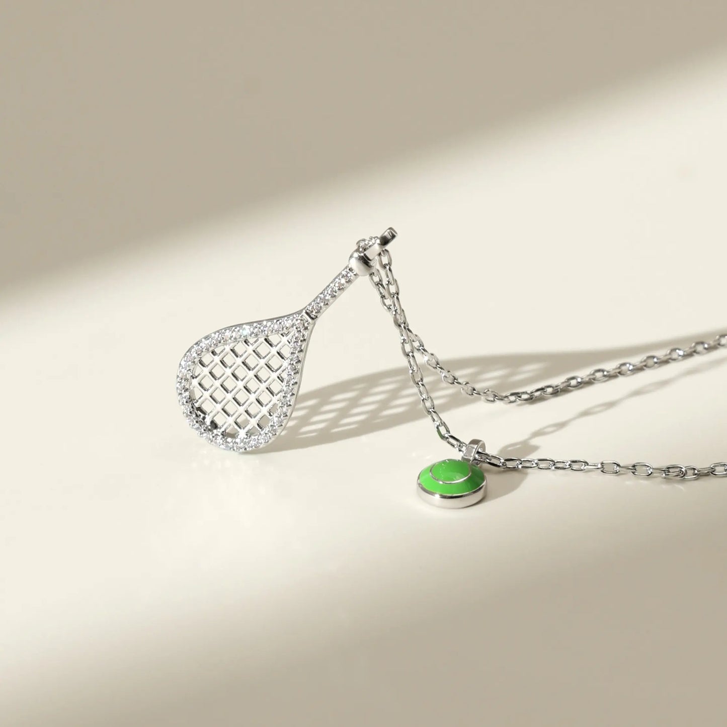Tennis Racket Necklace with Green Enamel Ball Charm - 18K Gold Plated Gift for Tennis Enthusiasts