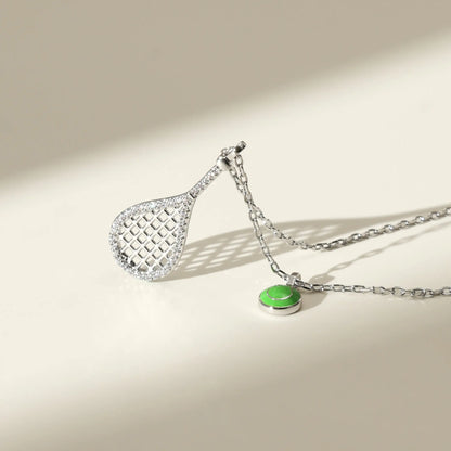 Tennis Racket Necklace with Green Enamel Ball Charm - 18K Gold Plated Gift for Tennis Enthusiasts