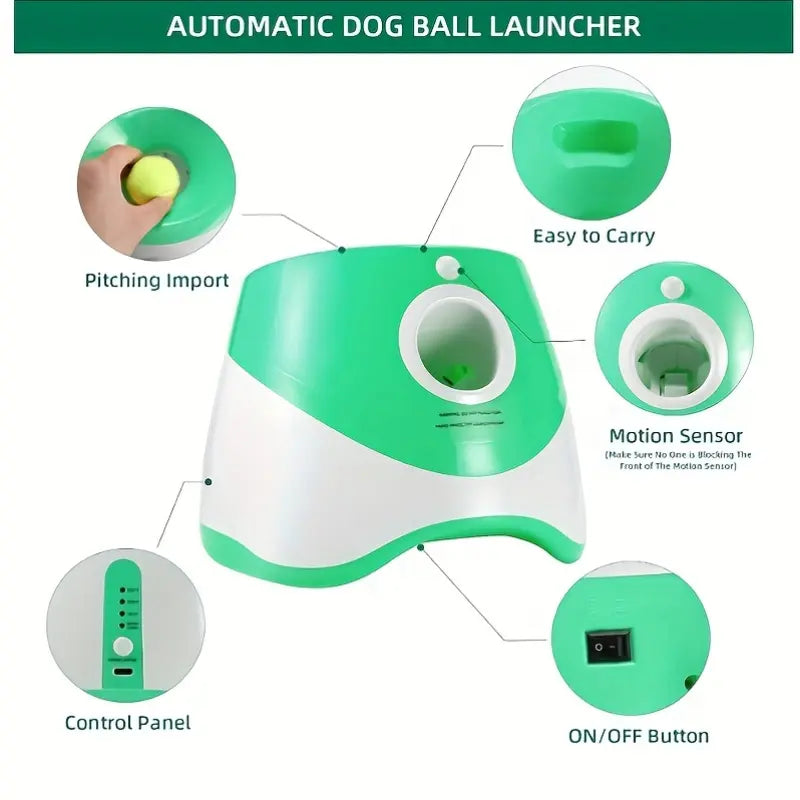 Automatic Dog Ball Launcher with LED Battery Indicator - Interactive Throwing Device for Small to Medium Dogs, Features 3 Distance Settings, Portable Design, Includes 3/6 Balls, Rechargeable Battery