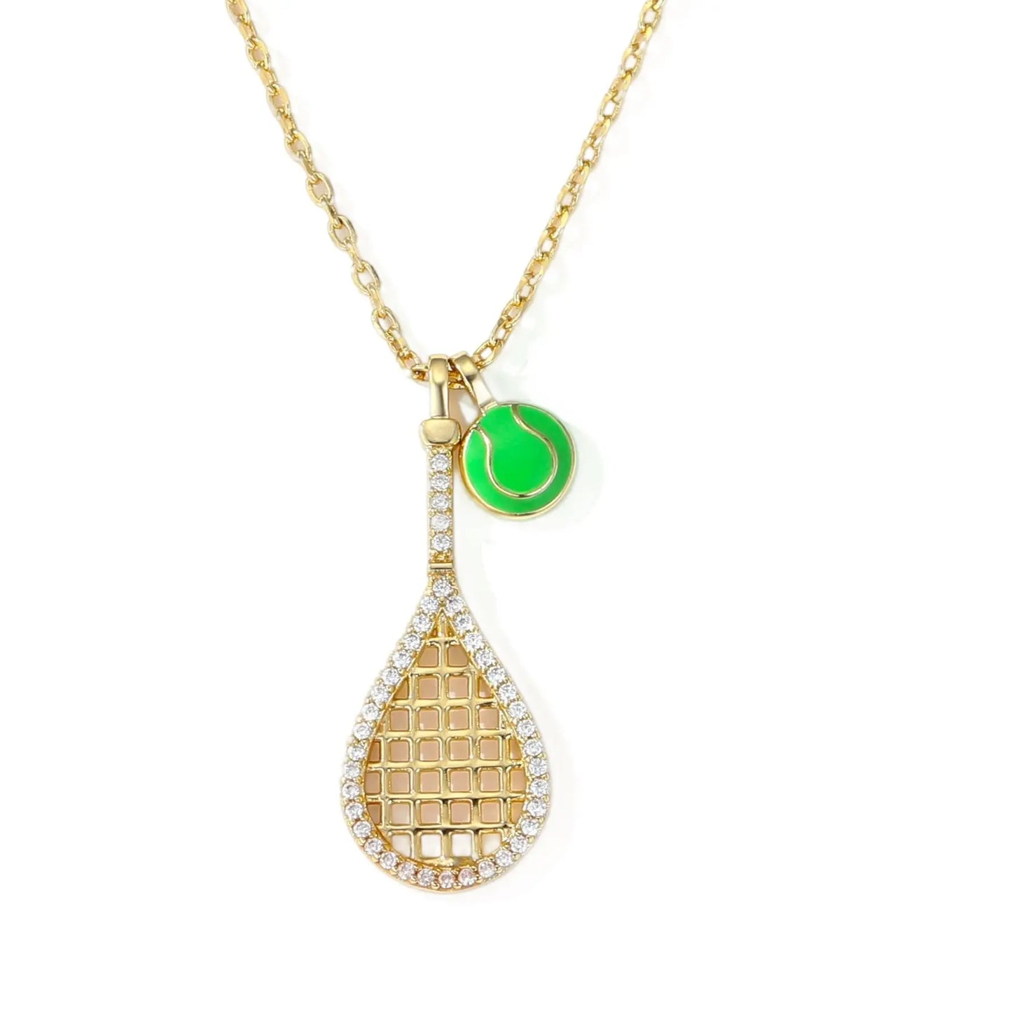 Tennis Racket Necklace with Green Enamel Ball Charm - 18K Gold Plated Gift for Tennis Enthusiasts