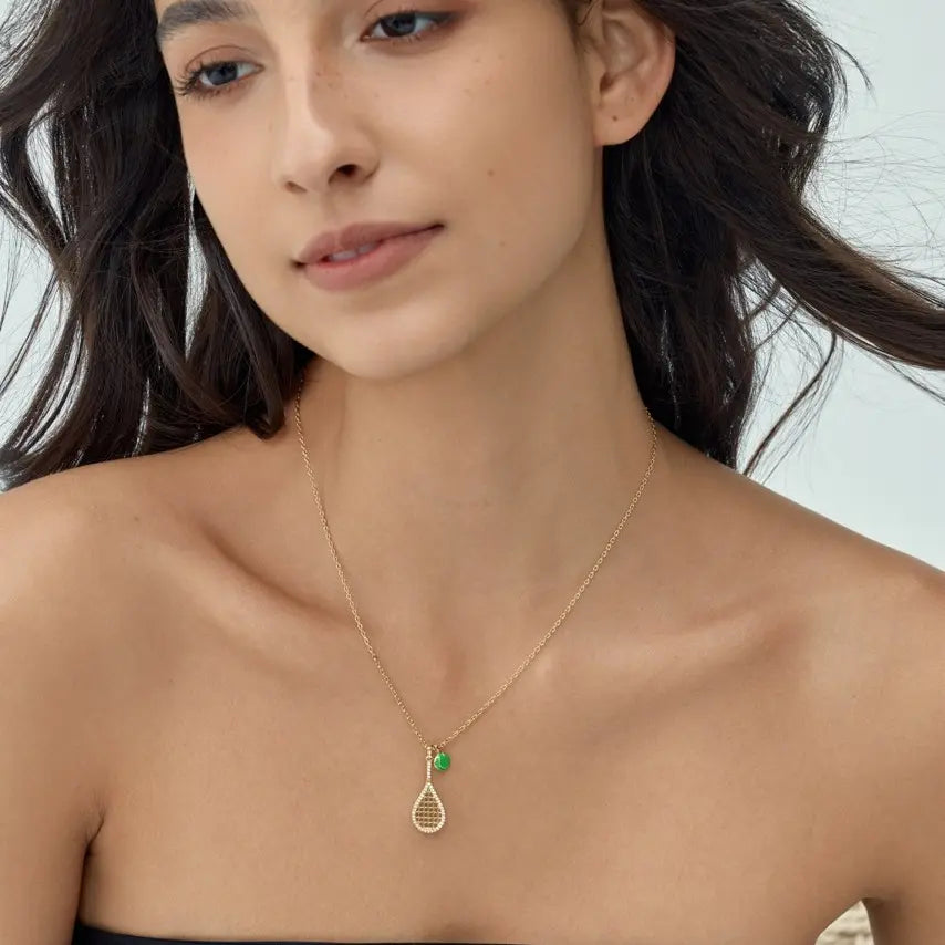 Tennis Racket Necklace with Green Enamel Ball Charm - 18K Gold Plated Gift for Tennis Enthusiasts