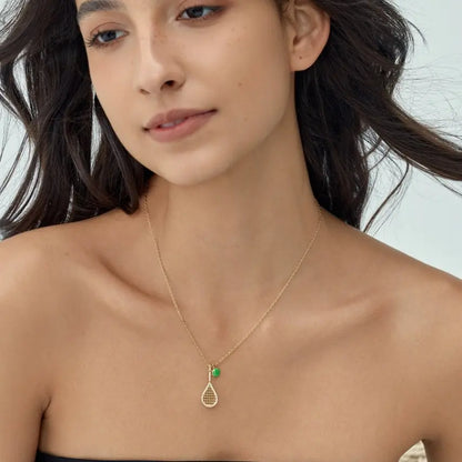 Tennis Racket Necklace with Green Enamel Ball Charm - 18K Gold Plated Gift for Tennis Enthusiasts