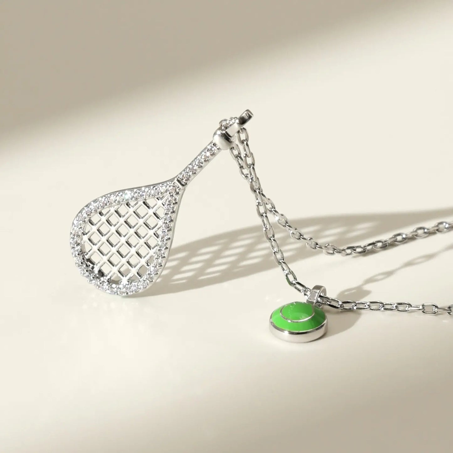 Tennis Racket Necklace with Green Enamel Ball Charm - 18K Gold Plated Gift for Tennis Enthusiasts