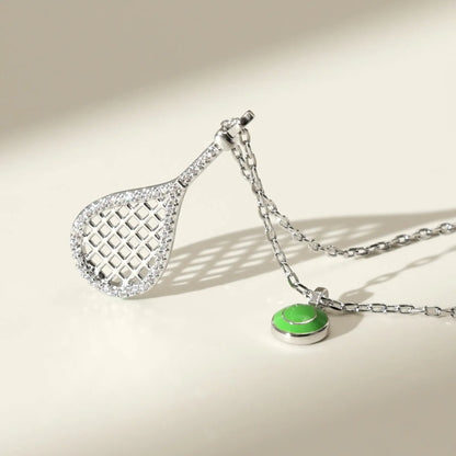 Tennis Racket Necklace with Green Enamel Ball Charm - 18K Gold Plated Gift for Tennis Enthusiasts
