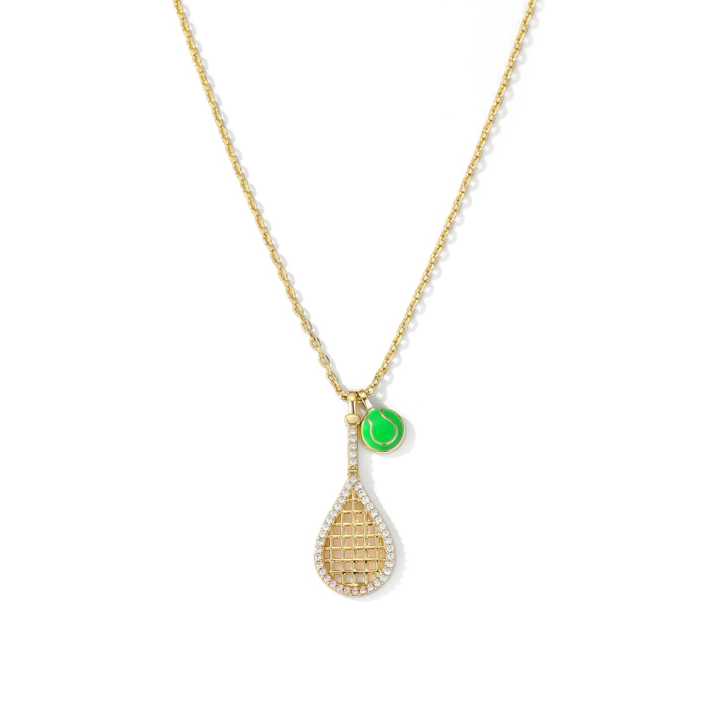 Tennis Racket Necklace with Green Enamel Ball Charm - 18K Gold Plated Gift for Tennis Enthusiasts