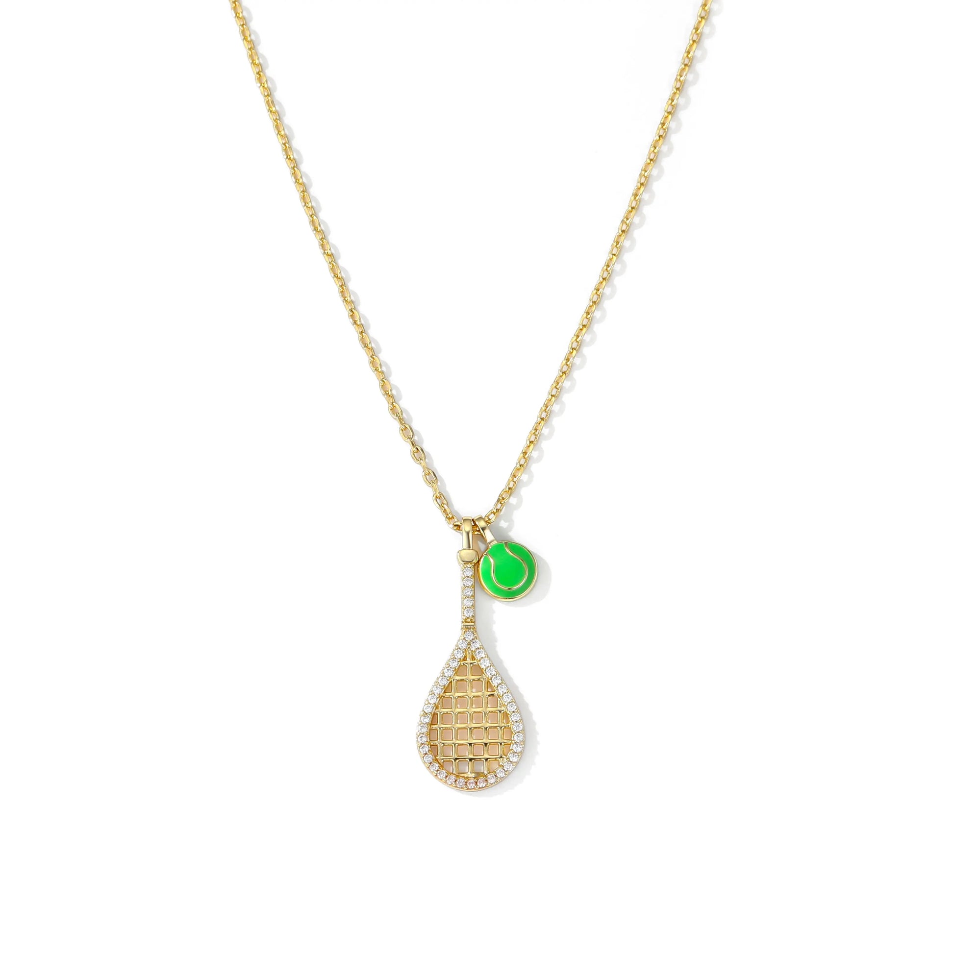 Tennis Racket Necklace with Green Enamel Ball Charm - 18K Gold Plated Gift for Tennis Enthusiasts