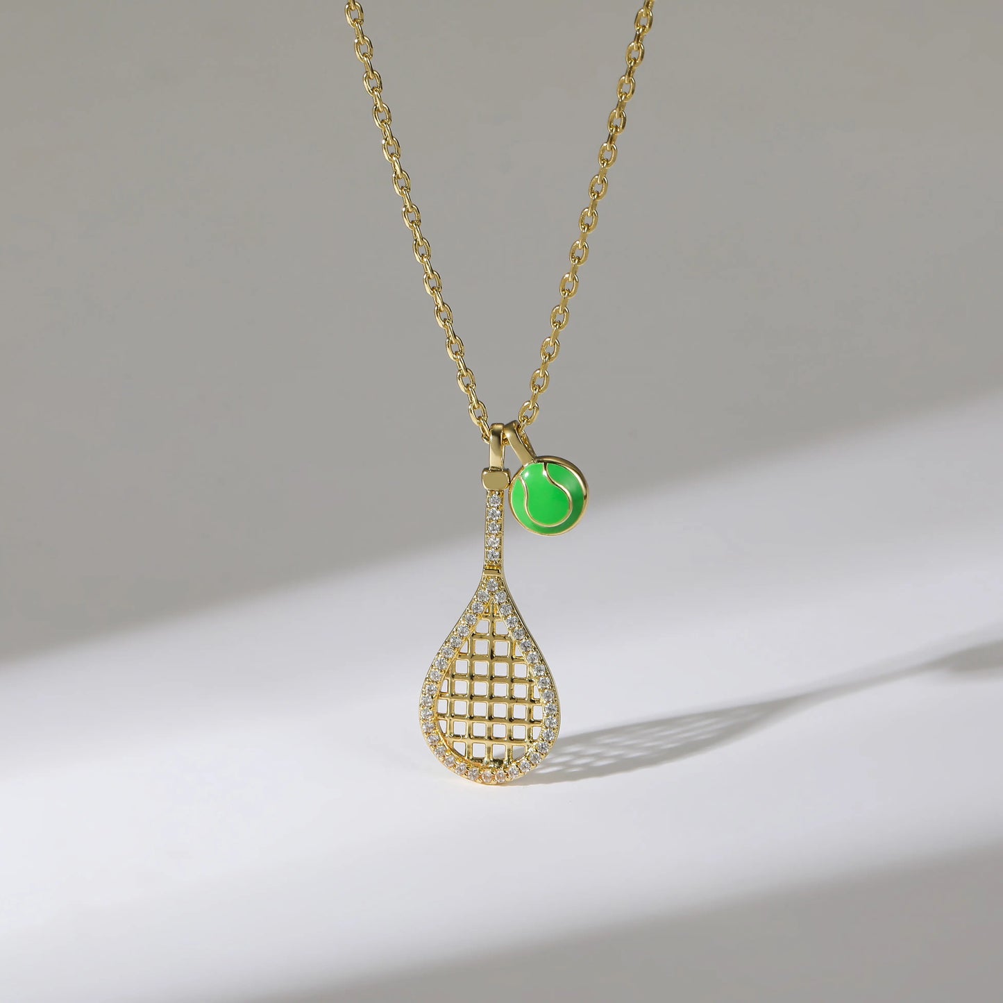 Tennis Racket Necklace with Green Enamel Ball Charm - 18K Gold Plated Gift for Tennis Enthusiasts