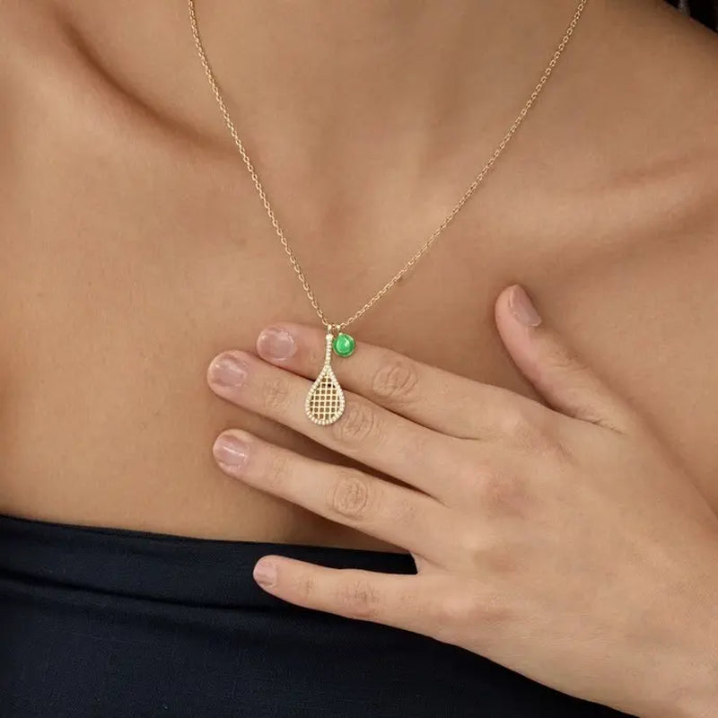 Tennis Racket Necklace with Green Enamel Ball Charm - 18K Gold Plated Gift for Tennis Enthusiasts