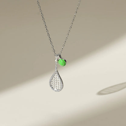 Tennis Racket Necklace with Green Enamel Ball Charm - 18K Gold Plated Gift for Tennis Enthusiasts